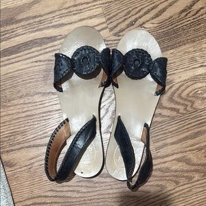 Jack Rogers Black and Cream Sandals with Decorative Medallions